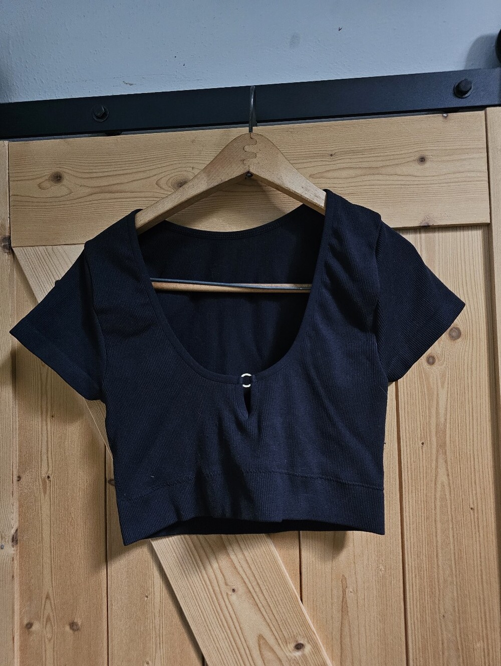 aerie Black Scoop Neck Crop Top with Ring Detail